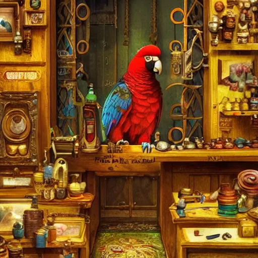 Prompt: A Anthropomorphized parrot trader in his shop, selling his wares, portrait, items, gold, carpet, window, sly expression, cunning expression, D&D, fantasy, intricate, cinematic lighting, highly detailed, digital painting, artstation, concept art, smooth, sharp focus, illustration, art by Akihiko Yoshida, Greg Rutkowski and Alphonse Mucha