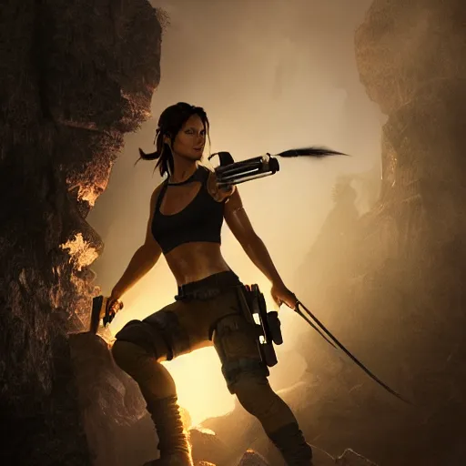 Image similar to lara croft, atmospheric lighting, painted, intricate, volumetric lighting, beautiful, golden hour, sharp focus, ultra detailed, by leesha hannigan, ross tran, thierry doizon, kai carpenter, ignacio fernandez rios