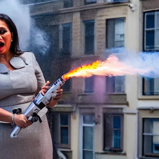 Prompt: Priti Patel Weilding A flamethrower, firing it into a building, medium shot photo 8k ultrahd