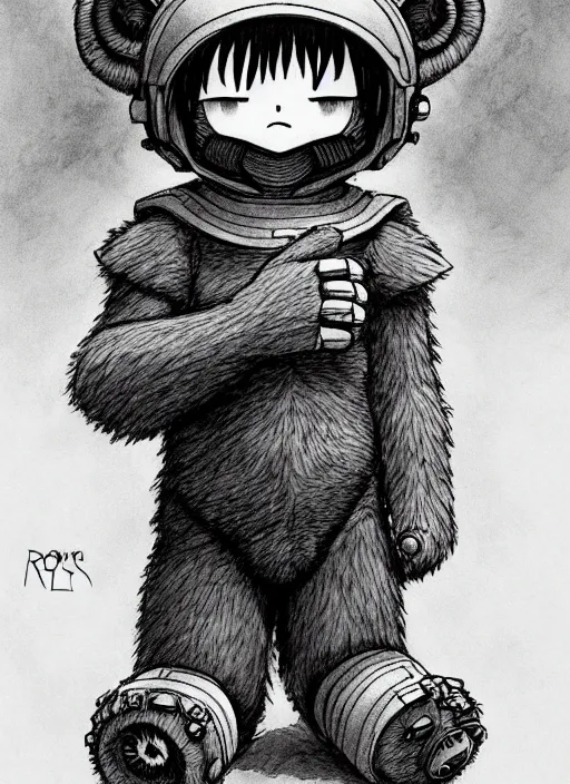 Image similar to beautiful little boy wearing an cyborg bear suit, artwork in kentaro miura and made in abyss and rosdraws, smooth, beautiful lightness, anatomically correct, trending on pixiv, forest