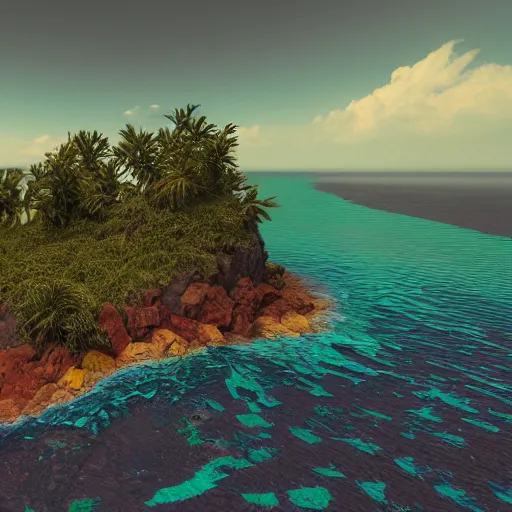 Image similar to super colorful professional matte painting of an island in the middle of nowhere, empty and hostile, trending on artstation, 3 d render 8 k