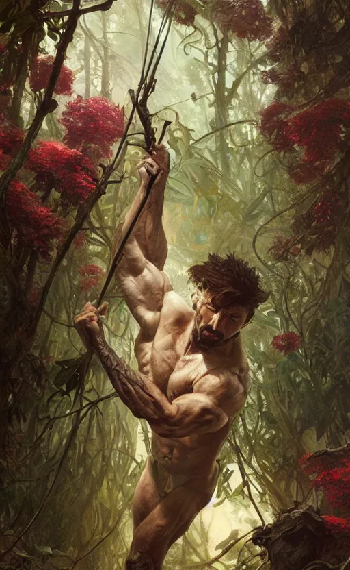 Image similar to god of the forest, 3 0 years old, rugged, male, gorgeous, detailed face, amazing, full body, flowers, muscular, intricate, highly detailed, digital painting, artstation, concept art, sharp focus, illustration, art by greg rutkowski and alphonse mucha