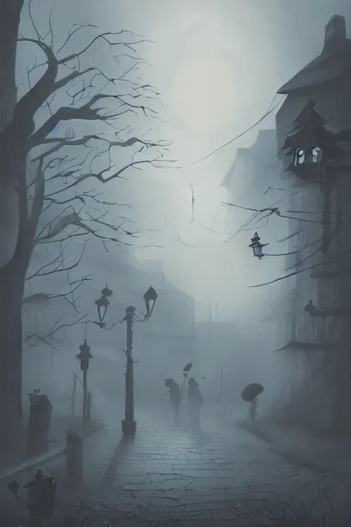 Image similar to foggy halloween night, small town. cell shaded digital illustration by studio ghibli, beatrice blue, zedig, akihiko yoshida