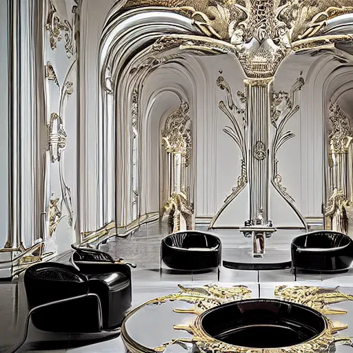 Prompt: living space designed by Zaha Hadid with baroque elements. Ultra futuristic design that combines ornate baroque with clean organic minimalist forms.. Beautiful space with epic details