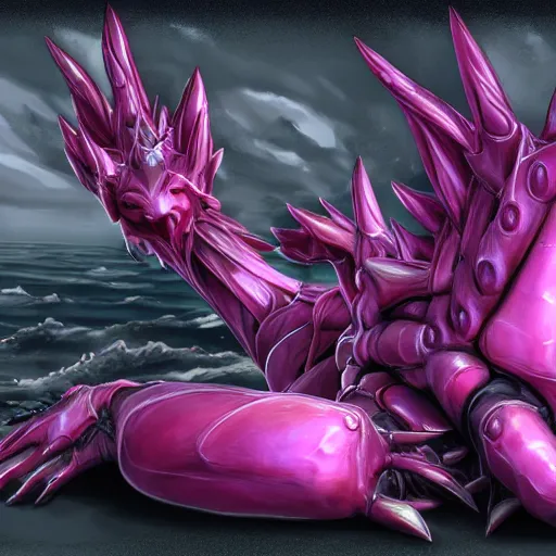 Image similar to very close up foot shot, detailed foot shot, hyperdetailed elegant beautiful stunning anthropomorphic hot mecha female dragon showing detailed sharp dragon claws close to camera, laying on beach, soft pads, sharp silver armor, fuchsia skin, feet art, warframe destiny fanart, giantess art, dragon paws, furaffinity, deviantart, octane, ekasportal