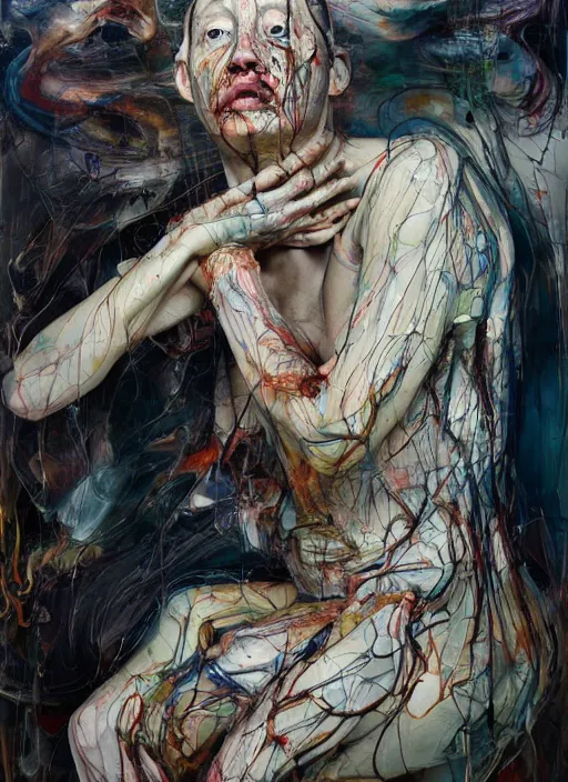 Image similar to there is ugliness in beauty, but there is beauty in ugliness. expressive sadness and fear. full body by jenny saville, scifi, neo - gothic, intricate, rich deep colors. part by james jean, part by adrian ghenie and gerhard richter.