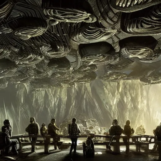 Image similar to scene from prometheus movie, hr giger artlilery spaceship lands in country tavern, filigree ornaments, volumetric lights, micheal whelan