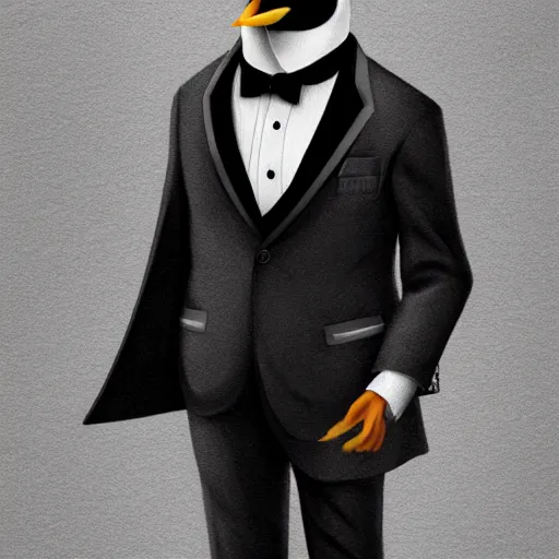 Image similar to Picture of a penguin wearing a suit, hair, godfather, symmetrical, dark environment, smoke, realistic, highly detailed, digital art, trending on artstation,