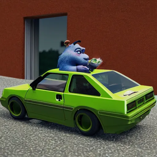 Prompt: Shrek smoking a blunt out the window while drifting around the corner in his Toyota AE86, 8k photography, ultra realistic, high definition