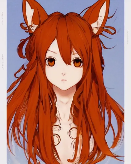 Image similar to A cute frontal portrait of a beautiful anime skinny foxgirl with curly orange colored hair and fox ears on top of her head wearing a white short t-shirt with quake 3 symbolic looking at the viewer, elegant, delicate, soft lines, higly detailed, smooth , pixiv art, ArtStation, artgem, art by alphonse mucha charles reid and Gil Elvgren, high quality, digital illustration, concept art