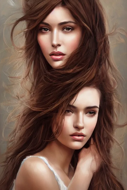 Image similar to beautiful portrait face centre oil on canvas of brunette with wavy hair Ebru Şahin, Reyyan, intricate, elegant, highly detailed, artstation, concept art, sharp focus, art by Alina Ivanchenko, Rob Ross, WLUP, artgerm