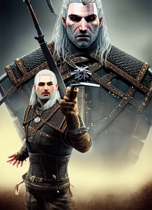 Prompt: portrait of a witcher holding a gun, the witcher has a half shaved head and tattoos, the witcher holding a pistol points downwards, the witcher holding a pistol is only one and stands in a ruined city. by Ciryl Rolando, hyperrealistic illustration, digital art, studio lightning, very detailed faces