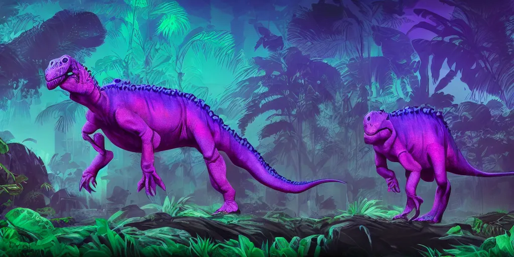 Prompt: spectral purple neon dinosaur, green jungle background, detailed, ultrawide landscape, concept art