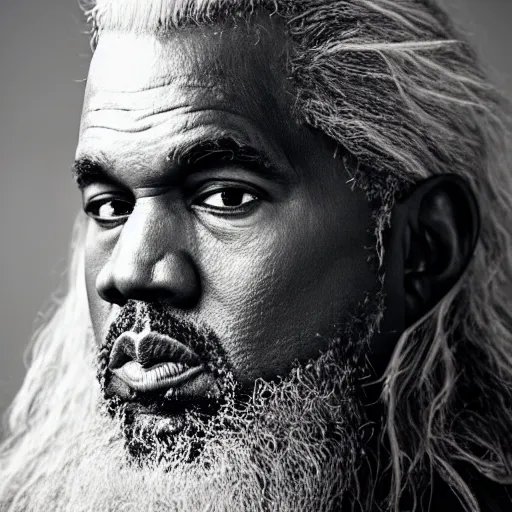 Image similar to the face of gandalf kanye west at 6 6 years old, portrait by julia cameron, chiaroscuro lighting, shallow depth of field, 8 0 mm, f 1. 8