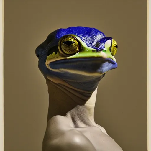 Image similar to portrait of greninja - frog hybrid, head and shoulders shot, by annie leibovitz, portrait of a man, studio lighting