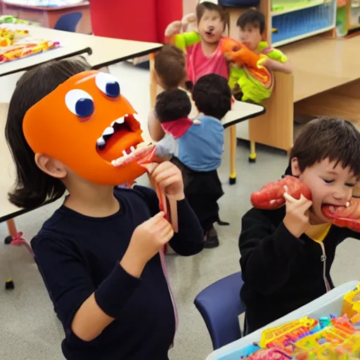 Image similar to kids trying to eat a sausage monster inside an kindergarten