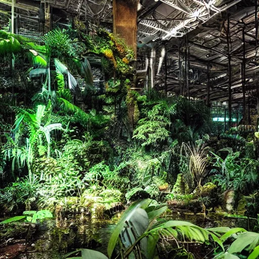 Prompt: a fake rainforest in the basement of a massive industrial building, dark, eerie, liminal, surreal, photo,