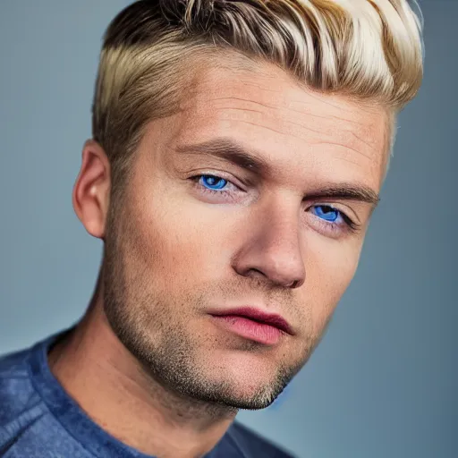 Image similar to close up of face of good looking 4 0 year old anglo slavic blond man with blond stubble, very short wavy blond hair in a short pompadour style, very dark blue eyes, portrait, 4 k