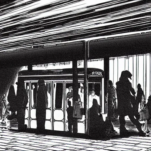 Prompt: dark city bus stop, by kentaro miura,black and white, very detailed, ArtStation