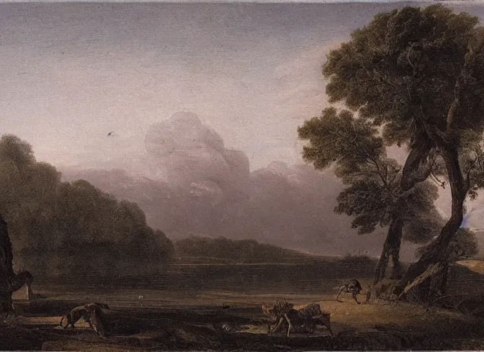 Image similar to highly detailed landscape of the african velt, misty ominous atmosphere : claude lorrain