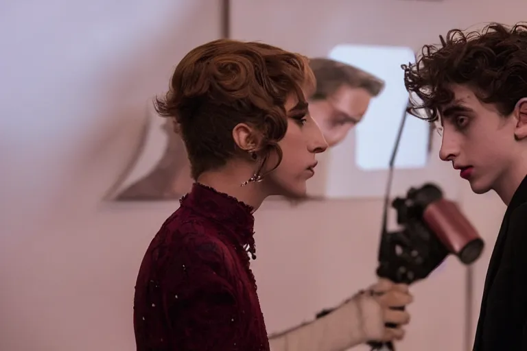 Image similar to lady gaga and timothee chalamet meet, red weapon 8 k s 3 5, cooke anamorphic / i lenses, highly detailed, cinematic lighting