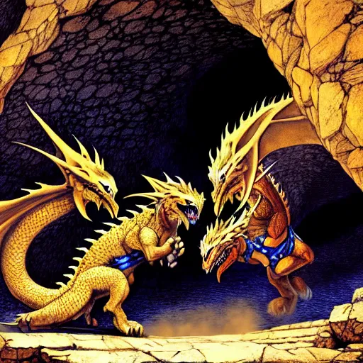 Image similar to furry art, two dragons wrestling in front of a cave, commission, color page, tankoban, 4 k, tone mapping, jaime jones, alan lee