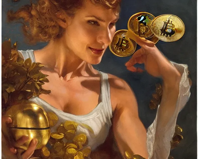 Image similar to attractive athletic woman magically holding a golden bitcoin, commercial by annie liebovitz, gaston bussiere, craig mullins, j. c. leyendecker