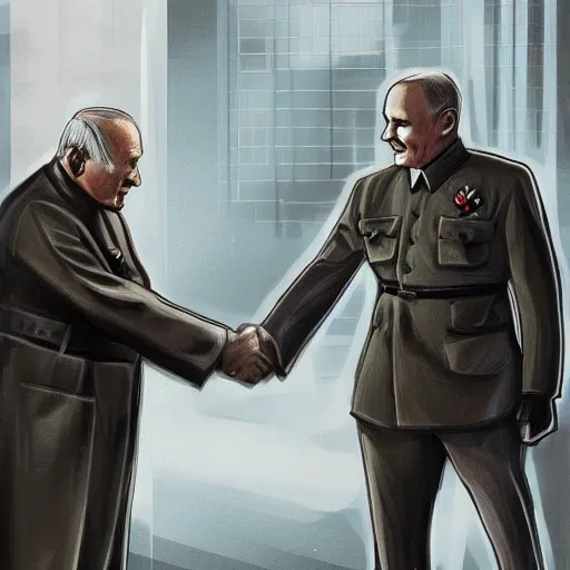 Image similar to Adolph Hitler meeting John Paul II, illustration in cyberpunk style, trending on Artstation