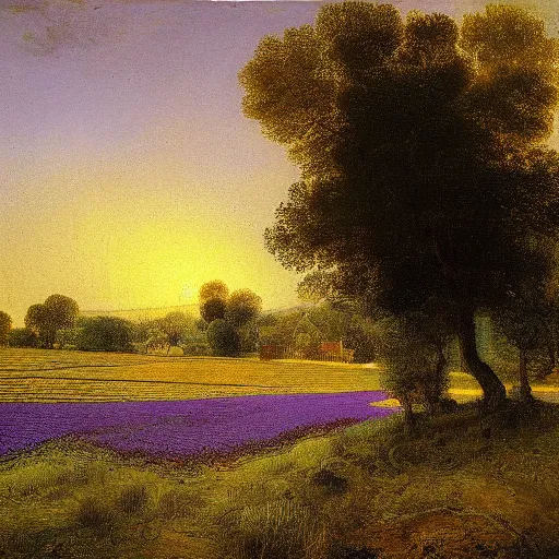 Prompt: painting of lavender field, highly detailed, golden hour by rembrandt van rijn