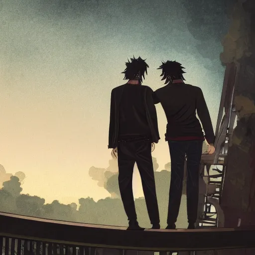 Image similar to two young men, one man human, one man vampire, night, on a birdge, detailed, intricate, aesthetic, artistic, 8 k resolution in the style of one piece