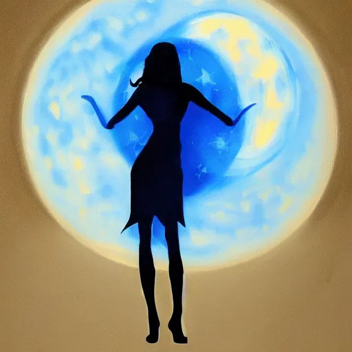 Prompt: a blue and black painting of a woman silhouetted by a full moon. Trending on ArtStation