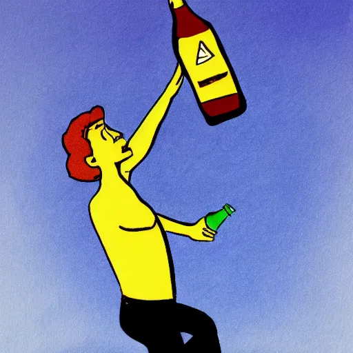 Image similar to artistic rendition of a man jumping in the while holding a bottle, very expressive