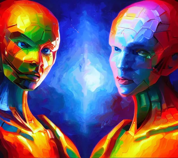 Image similar to two Artificial Intelligence fighting for creating the most impressive art painting, colorful, oil painting, digital art, trending on artstation
