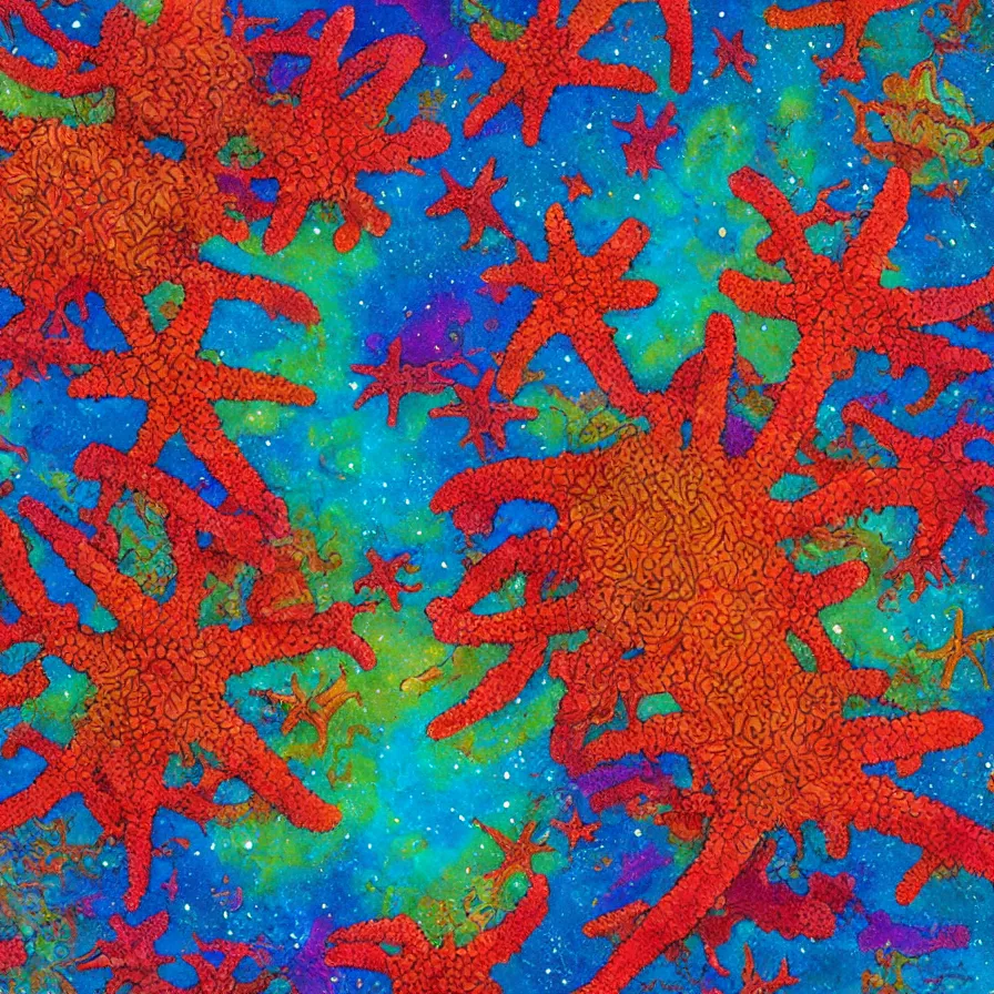 Image similar to album art of an alien landscape made out of different coloured corals and starfish, omni magazine, detailed