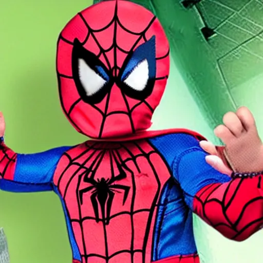 Image similar to realistic photo of spiderman holding baby wearing spiderman costumes