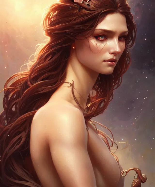 Prompt: nature woman portrait, sci-fi, amber eyes, face, long hair, fantasy, intricate, elegant, highly detailed, digital painting, artstation, concept art, smooth, sharp focus, illustration, art by artgerm and greg rutkowski and alphonse mucha