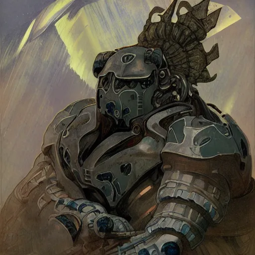 Prompt: portrait of hulking, brutish clone with vacant expression and giant isopod attached to back of neck, wearing brutalist black steel power armor and camoflauge cloak, clearly visible face, science fiction concept art by Anato Finnstark, Alphonse Mucha, and Greg Rutkowski