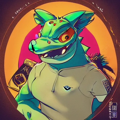 Image similar to in the style of artgerm, loish, and ross tran, anthropomorphic alligator, symmetrical face, symmetrical eyes, red scales on his back, yellow scale on his belly and chest, male, waring a hawaiian shirt, in the style of zootopia