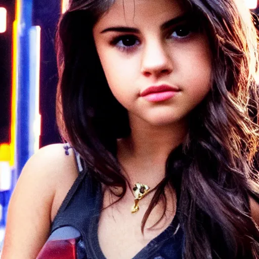 Image similar to High quality movie still of Selena Gomez as Mikaela in Michael Bay's Transformers