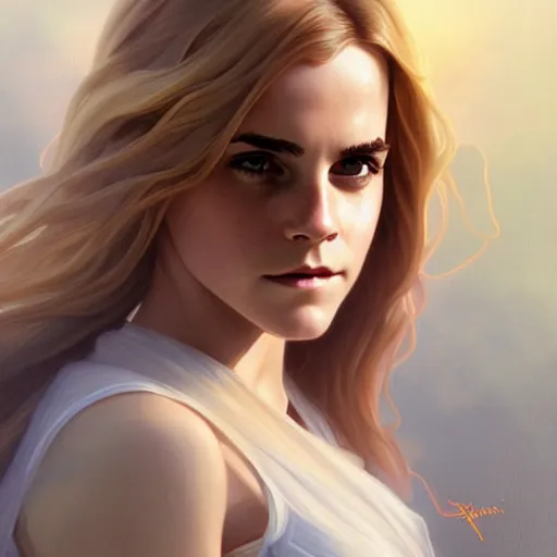 Image similar to Blonde Emma Watson as Super Girl, western, D&D, fantasy, intricate, elegant, highly detailed, digital painting, artstation, concept art, matte, sharp focus, illustration, art by Artgerm and Greg Rutkowski and Alphonse Mucha