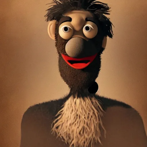 Image similar to a still of a forgotten muppet character looking very manly and modern, hilarious, laughing, hairy chest, huge chin, manly monster tough guy, roughled fur, photo real, photographic, photograph, artstation, trending, featured