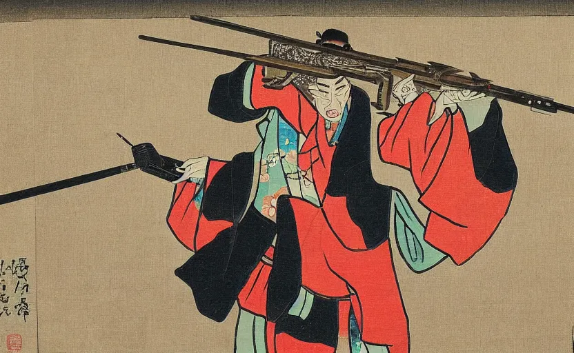 Image similar to a Japanese painting of the emperor of Japan shooting a laser gun