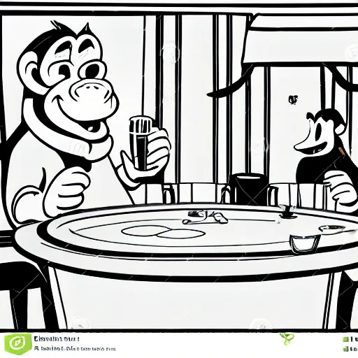 Prompt: cartoon style monkey drinking beer playing poker, cartoon, disney,