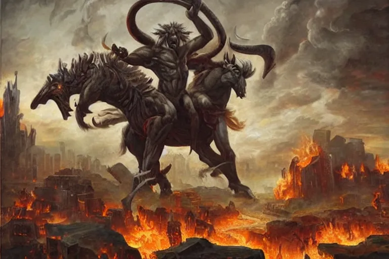 Prompt: immense, colossal demon centaur. with ram horns. with bulging muscles and fiery eyes rampaging across the burning ruins of a city, oil painting