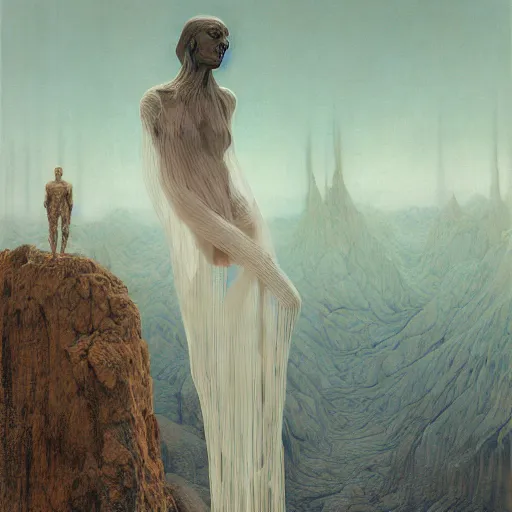 Image similar to woman, covered in transparent cloth, plastic, mountains, Masterpiece, glowing, wires everywhere, by Edgar Maxence and Ross Tran, Zdzisław Beksiński, and Michael Whelan, distant, gustav dore, H.R. Giger, 8k, octane render