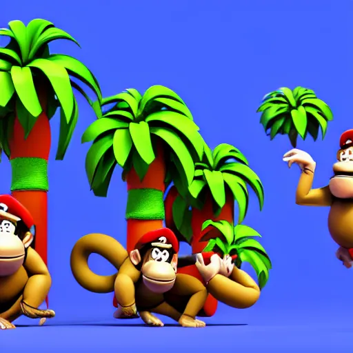 Image similar to Donkey Kong and Diddy Kong surrounded by tropical trees and barrels, 3D render, detailed clay model