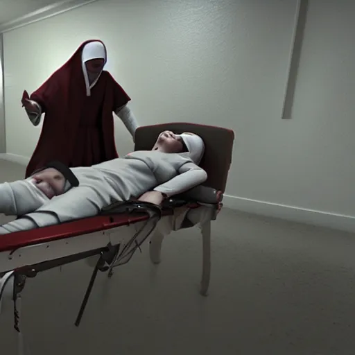 Prompt: a man strapped tight to a gurney in a mental asylum writhing in pain while a demonic nun watches over him, unreal engine