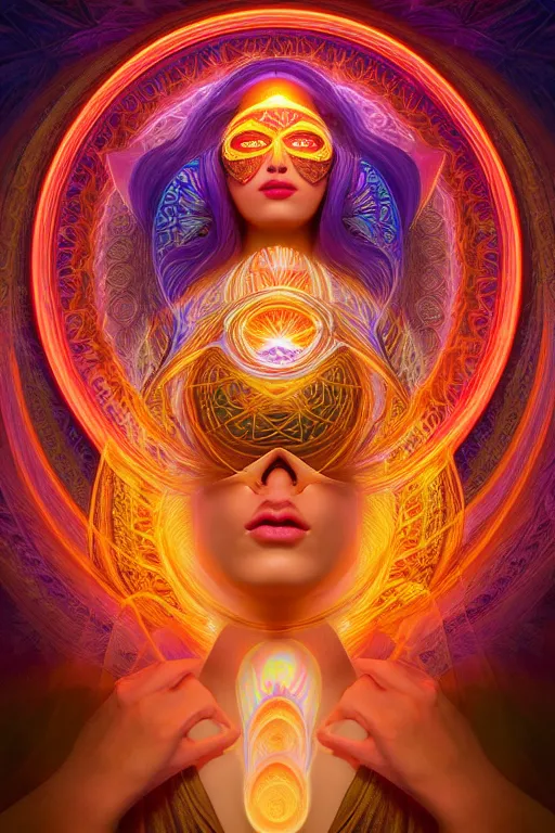 Image similar to a centered render of an alluring goddess wearing a psychedelic mask surrounded by a glorious sacred energy made from geometry and spiral mandel bulb fractals, powerful, cinematic, beautifully lit, by artgerm, by karol bak, 3 d, trending on artstation, octane render, 8 k