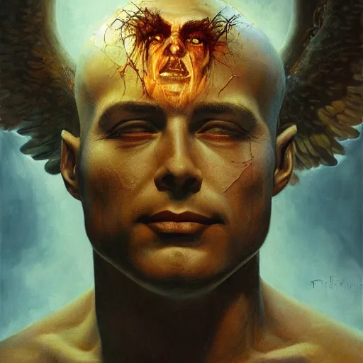 Image similar to ultra realistic medium shot head and shoulders masterpiece portrait painting of the a fallen angel, cosmic horror, artstation, art by frank frazetta, 4 k, ultra realistic, highly detailed, epic lighting