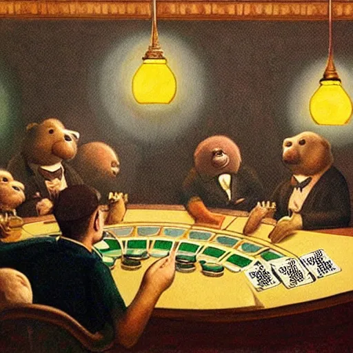 Image similar to fat animals gambling at a table with a single light overhead, dark room, smoke fills the room, roaring 2 0 s american art style